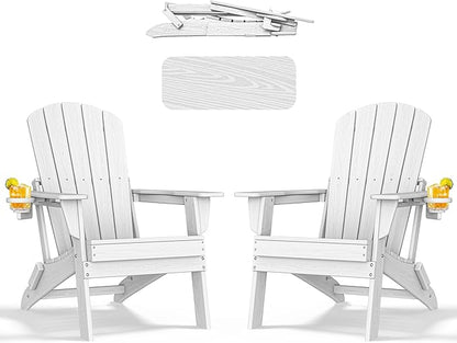 nevilywood Folding Adirondack Chair - Extended Ergonomic Backrest, Cup Holder - Easy Assembly - Durable HDPE Plastic, Weather Resistant & Maintenance-Free - Lawn, Patio, Deck Supports 380lbs White