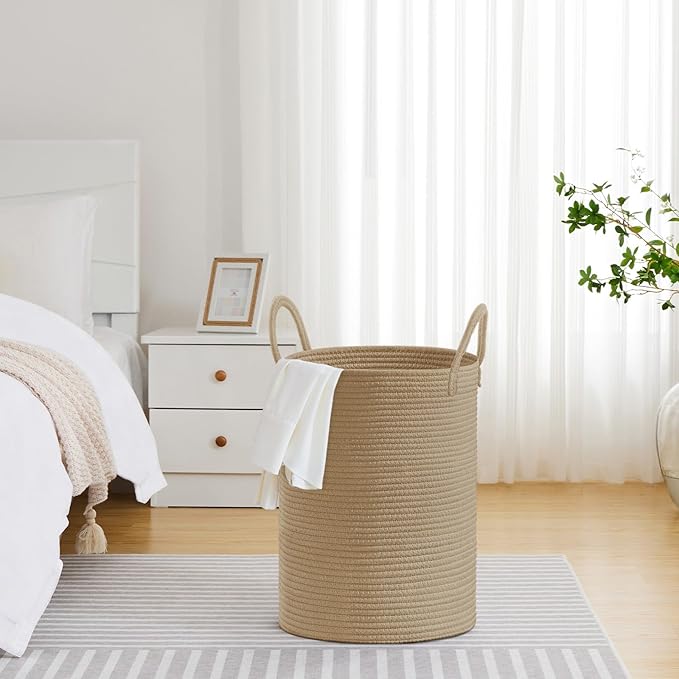 VIPOSCO Large Laundry Hamper, Tall Woven Rope Storage Basket for Blanket, Toys, Dirty Clothes in Living Room, Bathroom, Bedroom - 72L Jute