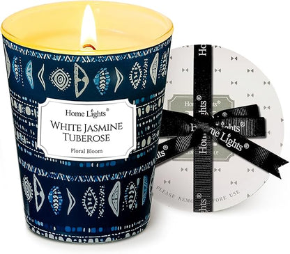 HomeLights Scented Candles for Women & Men, 6.7oz Candle Jars Aromatherapy Single Wick Candle, Ideal for Bohemian Natural Textures Home Decor and Gifts, White Jasmine Tuberose