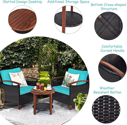 Tangkula 3 Pieces Patio Furniture Set, Outdoor Rattan Sofa and Side Table w/Solid Acacia Wood Frame, High Load Bearing Conversation Bistro Set w/Washable and Removable Cushions (Turquoise)