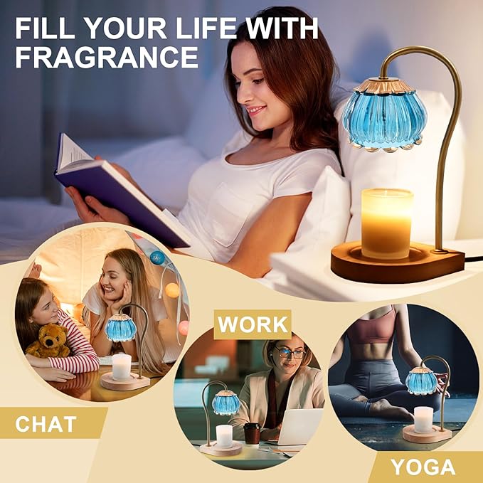 Candle Warmer Lamp with Timer, Dimmable Candle Warmer Lantern Light, Electric Glass Shade Jar Candle Warming Holders for Home Decoration Gift for Women, Bright Blue