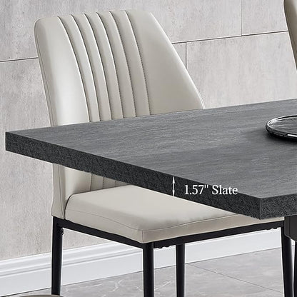 ZckyCine 6-8 People Modern Rectangular Kitchen Dining Table Extendable Dining Table Set for 6, 63–79 inch, Space-Saving Gray Table with 6 White PU Leather Cushioned Chairs, Metal Frame, Easy Assembly