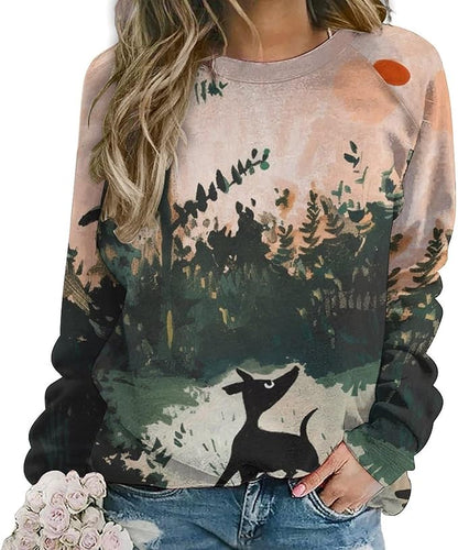 Long Sleeve Shirts for Women Cat Oil Painting Shirt 3D Graphic Sweatshirts Fall Pullover Crewneck Vintage Boho Tops