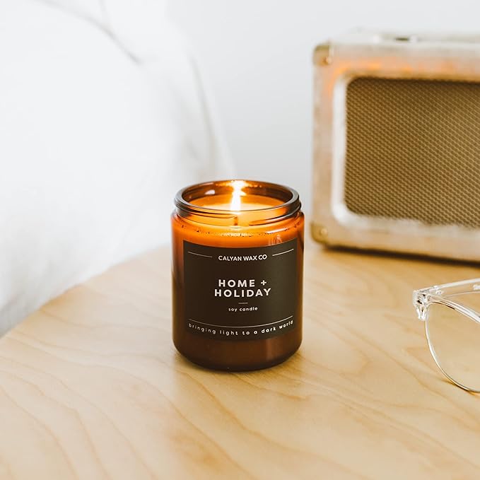 Calyan Wax Co. Home & Holiday Scented Candle - 57 Hour Burn - Luxury Non Toxic Soy Wax Candles - Long Lasting Amber Glass Jar Candle for Home - 7.2oz
