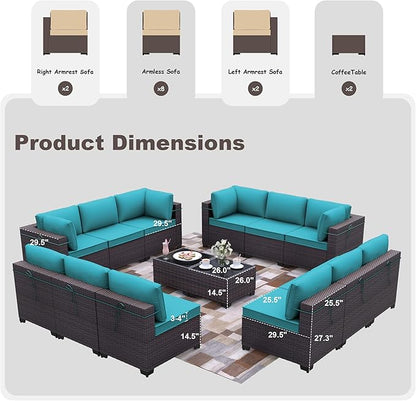 Kurapika 14 Pieces Patio Furniture Set, Rattan Wicker Outdoor Conversation Sets w/4 Inch Cushion and Glass Coffee Table(Blue)