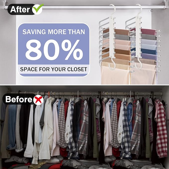 Upgrade 9 Layers Pants Hangers Space Saving, 2 Pack Pant Hangers Organizer Multifunctional Pants Rack Space Saver Closet Organizers and Storage Hangers for Pants Jeans Leggings Trousers Skirts, White