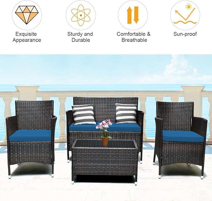 Tangkula 8 Pieces Patio Rattan Conversation Set with Tempered Glass Coffee Table & Thick Cushion, Wicker Set for Garden, Lawn, Poolside and Backyard