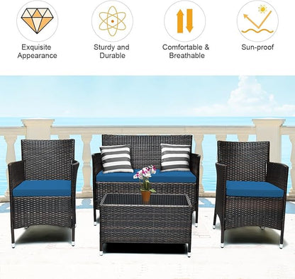 Tangkula 4 Pieces Patio Rattan Conversation Set with Tempered Glass Coffee Table & Thick Cushion, Wicker Set for Garden, Lawn, Poolside and Backyard