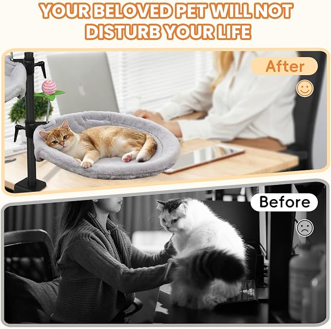 Double Cat Desk Bed, 360° Rotating & Adjustable Desk Mount with Soft Faux Fur & Breathable Mesh Accessories, Ergonomic Cat Perch for Remote Workers,Gamers, and Office Staff - Supports up to 44 lbs