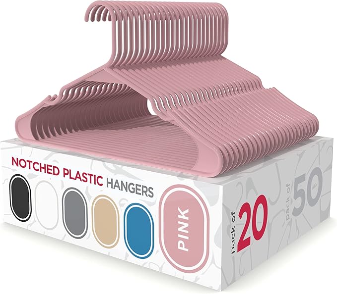 Sharpty Plastic Hangers Clothes Hangers for Clothing, Closet, Coats & Shirts - Notched, Durable, Thick, Tough & Space Saving - for Everyday Standard Use, Room Essentials & Basics - 20 Pack - Pink