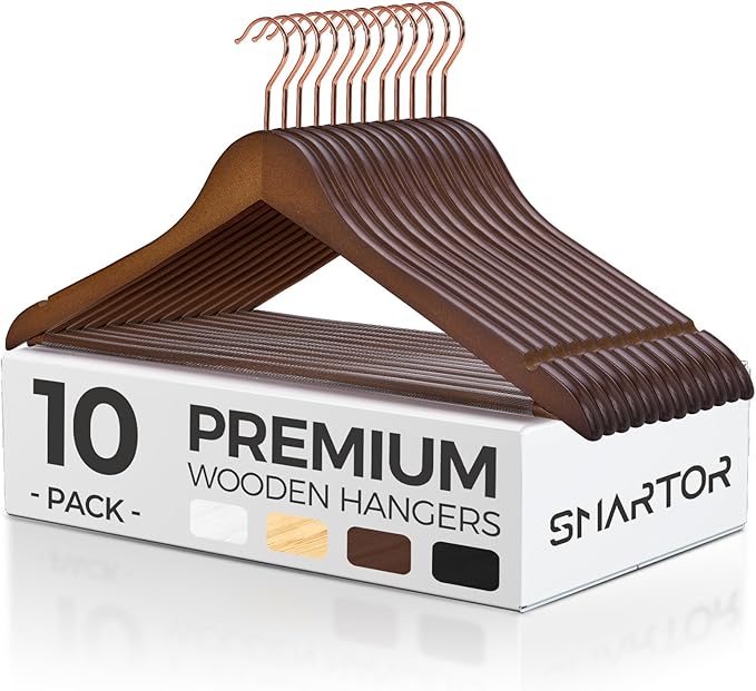 Smartor Wooden Hangers 10 Pack, Solid Wood Coat Hanger for Closet, Heavy Duty Wood Hangers for Suits, Shirts, Dresses, with 360° Rose Gold Hook, Non Slip Pant Bar, Walnut