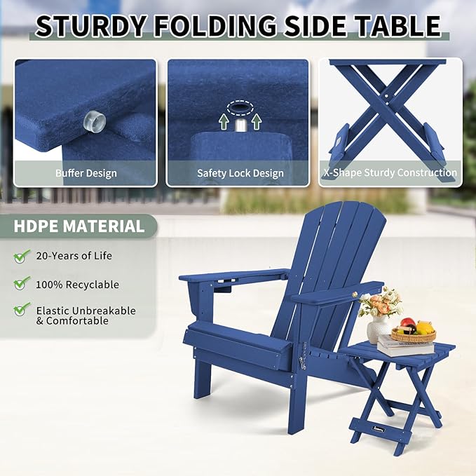 FUNBERRY Outdoor Folding Adirondack Side Table, Portable No Assembly Patio End Table HDPE All Weather