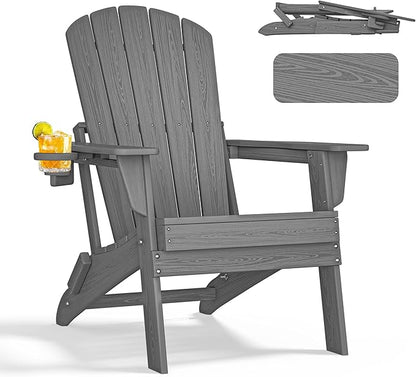 nevilywood Folding Adirondack Chair - Extended Ergonomic Backrest, Cup Holder - Easy Assembly - Durable HDPE Plastic, Weather Resistant & Maintenance-Free - Lawn, Patio, Deck Supports 380lbs,Grey