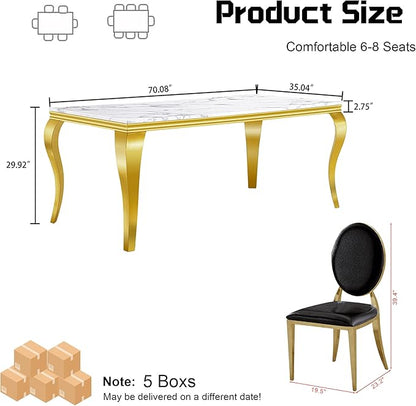 7-Piece Dining Table Set for 6, Faux Marble Modern Dining Table Set with 6 Round Backrest Upholstered Chairs, 70“ Stainless Steel Legs Table & Chair Set for Kitchen, Black & Gold