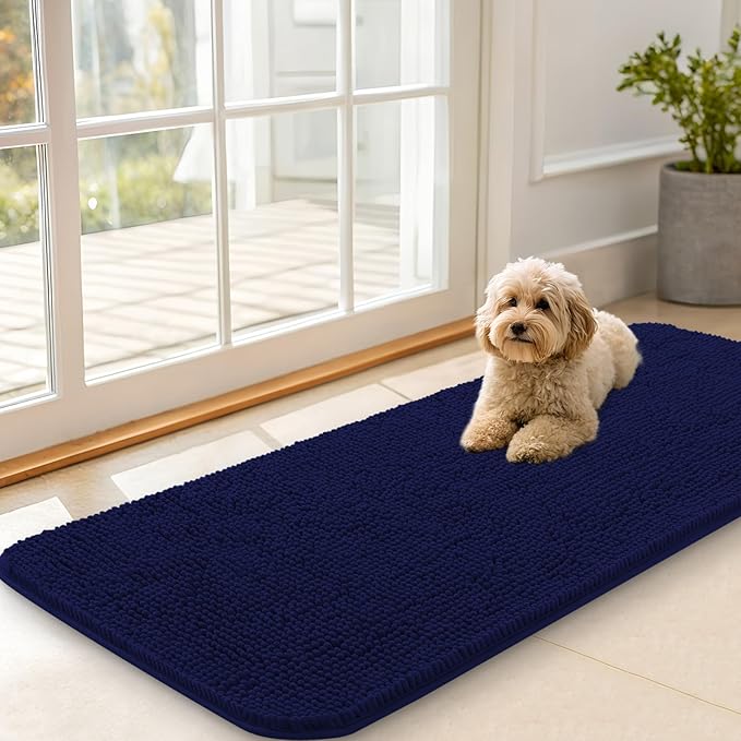 OLANLY Dog Door Mat for Muddy Paws 47x20, Absorbs Moisture and Dirt, Absorbent Non-Slip Washable Doormat, Quick Dry Chenille Mud Mat for Dogs, Entry Indoor Entryway Carpet for Inside Floor, Navy Blue