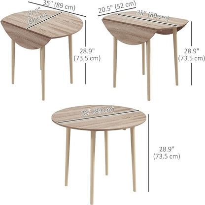 HOMCOM 35" Small Kitchen Table, Collapsible Drop Leaf Table for Small Spaces, Round Folding Dining Table with Solid Wood Legs for Kitchen, Dining Room, Oak