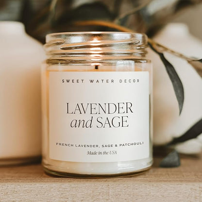 Sweet Water Decor Lavender and Sage Soy Candle - French Lavender, Sage, Patchouli Scented Spring Candles for Home - 9oz Clear Jar + Gold Lid, 40+ Hour Burn Time, Made in The USA
