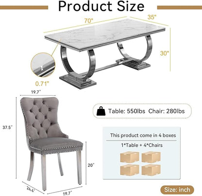 Goujxcy 5 Piece Marble Dining Table Set for 4, Luxury 70" White Marble Silver Kitchen Table with 4 Grey Velvet Upholstered Chairs, Modern 4 Person Dining Room Table Set for Kicken Dining Office Room