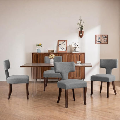Mid Century Modern Dining Chairs Set of 4, Upholstered Side Dining Chairs with Curved Back Linen Fabric Armless Wood Chairs Kitchen & Dining Room Farmhouse Chairs (Gray)