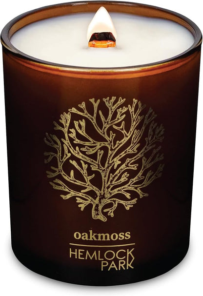 Hemlock Park Amber & Gold Wood Wick Candle Handcrafted with Natural Coconut Wax (Standard 7.2 oz, Oakmoss)