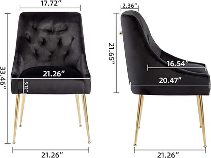 Modern Dining Chairs Set of 2, Mid Century Dining Chairs with 5.12” Cushions and Golden Legs, Velvet Upholstered Chairs with Back Pull Rod, for Kitchen, Living Room (Black)