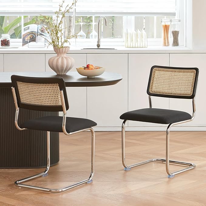 Black Chrome Rattan Dining Chairs Set of 2, Wooden Mid-Century Modern Kitchen Chairs, Mesh Back Cane Dining Room Chairs, Cesca Design Chair with Metal Chrome Legs