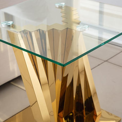 Goujxcy Modern Glass End Table Gold Sofa Side Table with Tempered Glass Top and Mirror Finish Stainless Steel Legs, Luxury Square Sofa Side Table Bedside Table for Living Room Bedroom (Gold)