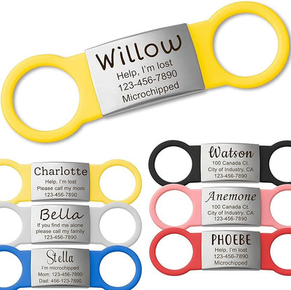 Anavia Slide On Silent Pet ID Tags, S/M/L/XL Personalized Multi-Color Silicone Band Cat Dog Name Tags, Customized Engraved Stainless Steel, Chew-Proof Quiet Dog Collar Tags (Yellow, Medium)