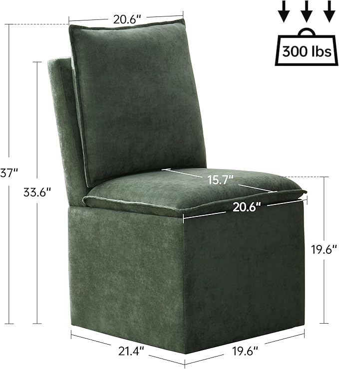 VKNOW Upholstered Dining Chairs Set of 4, Modern Rolling Chairs with Storage and Wheels, Linen Armless Chair with Cushion and Backrest, Dining Room Chairs for Living Room Kitchen Bedroom, Green
