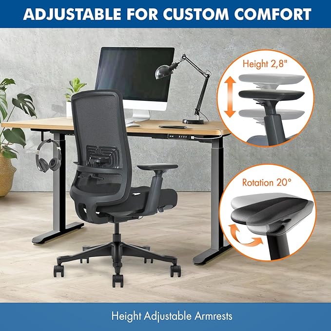 Mesh Office Chair with Headrest – Ergonomic Office Chair with Lumbar Support, Adjustable 3D Arms & Soft Seat – Holds Up to 330lbs (Gray)