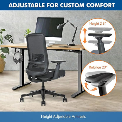 Mesh Office Chair with Headrest – Ergonomic Office Chair with Lumbar Support, Adjustable 3D Arms & Soft Seat – Holds Up to 330lbs (Gray)