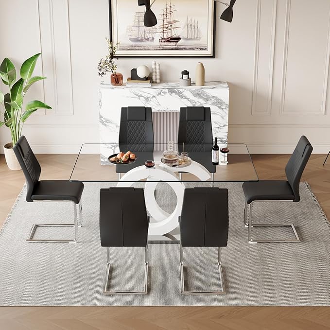 63'' Glass Dining Table Set for 6, Kitchen Table Chairs Set of 6, Clear Glass Dining Table with White unique design Leg and Silver Metal Base, 6 PU Dining Chairs with Metal Legs, Living Room, Kitchen.