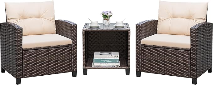 Greesum 3 Pieces Patio Furniture Sets Outdoor PE Rattan Wicker Chairs with Soft Cushion and Glass Coffee Table for Garden Backyard Porch Poolside, Beige