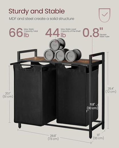 VASAGLE Laundry Hamper, Laundry Basket, Laundry Sorter with 2 Pull-Out and Removable Bags, Shelf, Metal Frame, 2 x 12.1 Gallons (46 L), 28.8 x 13 x 28.4 Inches, Ink Black and Rustic Brown UBLH201B01