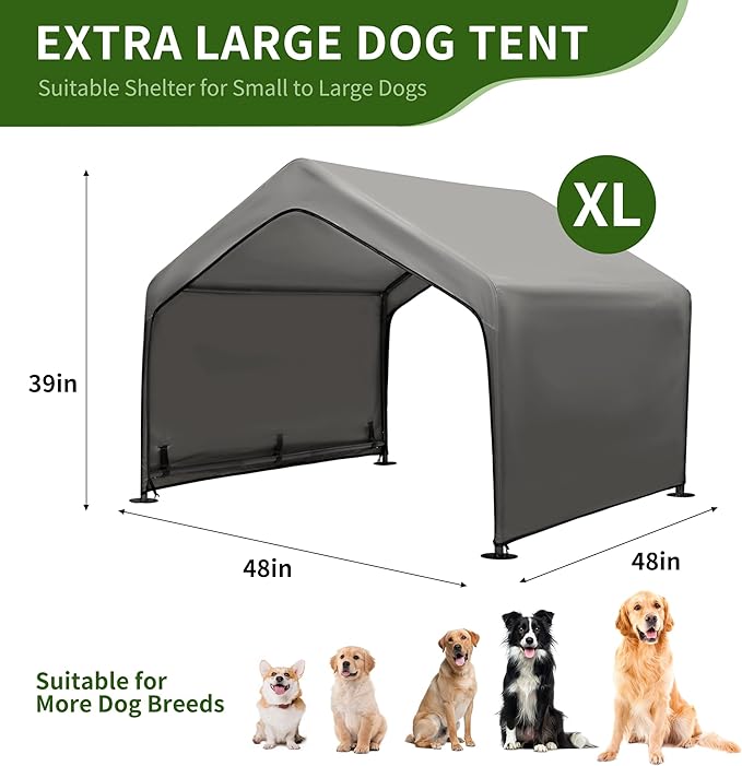 Summertrail Extra Large Dog House Outside, Dog Tent Outdoor, Big Dog Shade Shelter Doghouse Canopy, Water Resistant Dog shelter with Ground Nail, Gray Sun Rain Cover for Pet Cat Livestock 4'x 4'x 3.3
