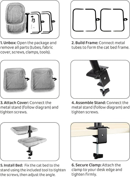 L&W BROS. Double Layer Cat Desk Bed – Adjustable Desk Nest with Swivel Mounts, Metal Frame, 45LB/Layer, Washable Covers, for Multi-Cat Homes