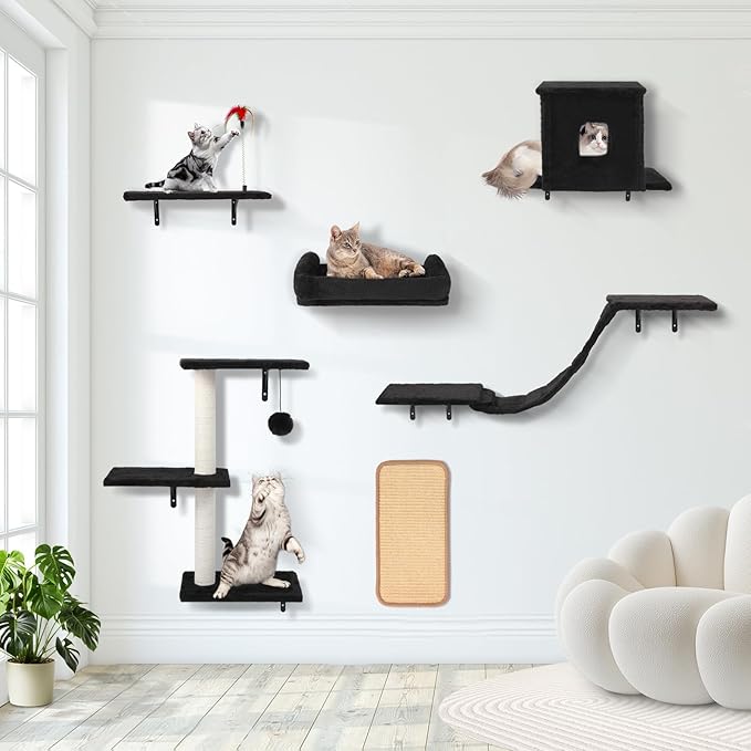 Cat Wall Shelves, 6 in 1 Cat Wall Furniture Set with Condos House, Bed, Bridge, Tree, Steps, Scratching Board, DIY Walls Playground for Indoor (Black)