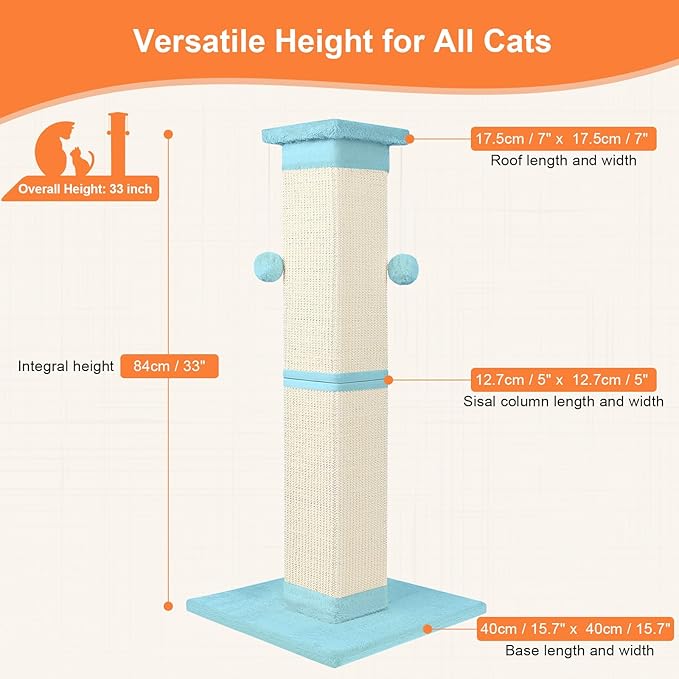 Cat Scratching Post 33 Inch Nature Sisal Cat Scratch Post for Indoor Cats, Large Cat Scratcher Protect Your Furniture, Cyan