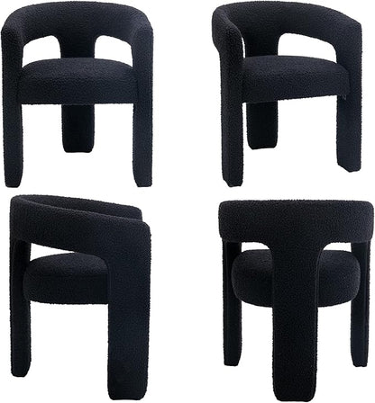 Black Dining Chairs Set of 4, Upholstered Sherpa Barrel Chairs with Arms Comfy Accent Side Chairs for Living Room/Dining Room/Reception, Black