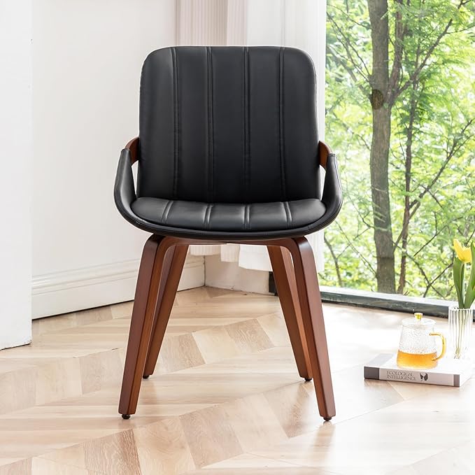 Mid Century Modern Faux Leather Upholstered Dining Chairs,Armless Accent Chairs with Sturdy Natural Wood Legs,Bamboo Backrest Support for Kitchen&Dining Room Chairs(1PCS,Black)