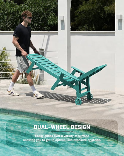 Lounge Chair Outdoor Set of 4 with Wheels, Adjustable 6-Position Chaise Lounge Outdoor, Patio Lounge Chair for Poolside Backyard, Lake Blue