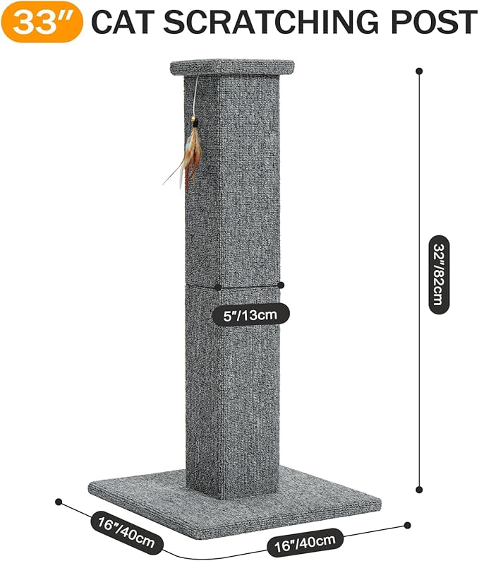 Made4Pets Cat Scratching Post, 32 Inch Carpet Covered Cat Scratcher with Kitten Toy, Tall Scratching Post for Indoor Cats Adults and Kittens, Grey