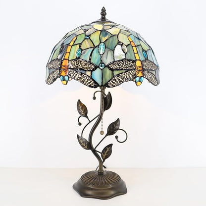 Tiffany Table Lamp, Stained Glass Style Desk Lamp, 12X12X19 Inch,Bedside Reading Light, Metal Leaf Base (Brown Dragonfly Style)