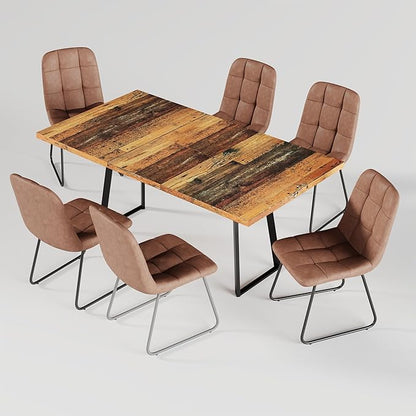 ZckyCine Extendable Dining Table Set 47"-63", Rustic Wood Table with 6 PU Leather Chairs, Modern Scandinavian Dining Room Furniture for Kitchen Apartment