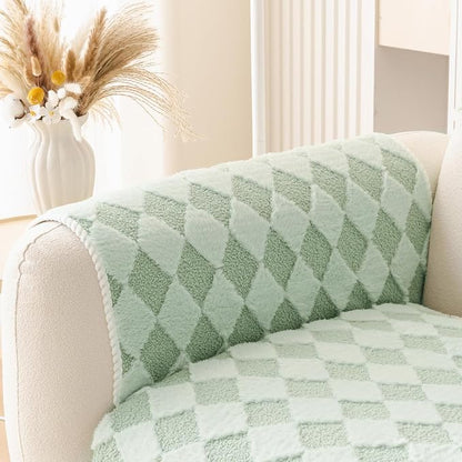 HANDONTIME Non-Slip Pet Couch Cover Washable, Plush Faux Fur Couch Protector for Cushion Pet-Friendly Sofa Covers for Dogs, Checkered Diamond Sectional Covers Dog Mat for Sofa (Green, 35.6" x 35.6")