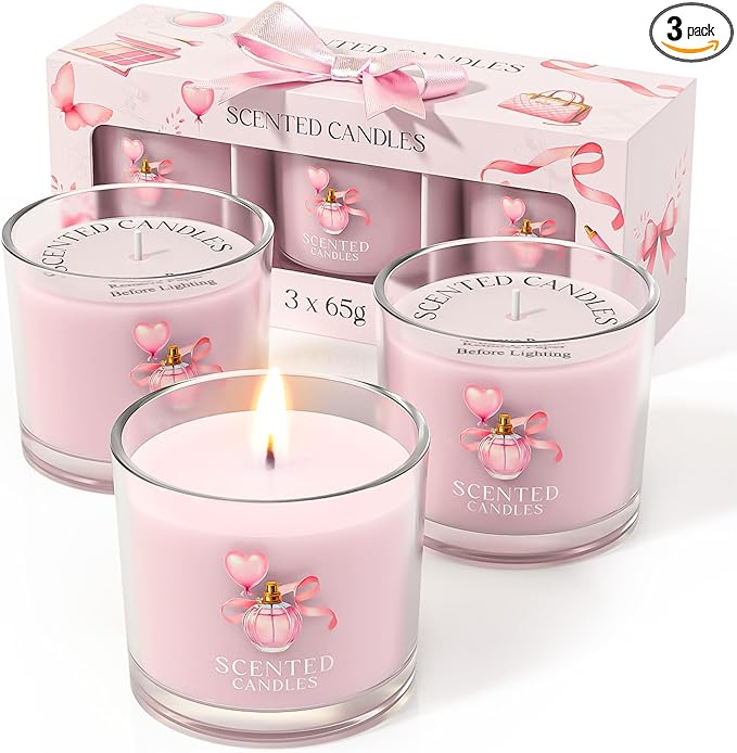 Pink Candles, Scented Candle Gift Set for Stress Relief, 3 Votive Candles for Women and Men, Birthday Candle Gifts for Women, Candles Gifts for Women (Pink, 7 oz)