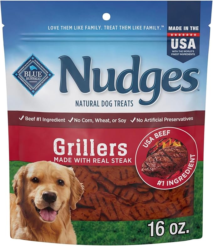 Blue Buffalo Nudges Grillers Natural Dog Treats, Made in the USA with Real Steak, 16-oz Bag