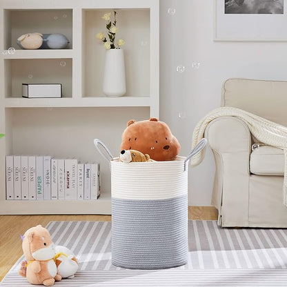 VIPOSCO Large Laundry Hamper, Tall Woven Rope Storage Basket for Blanket, Toys, Dirty Clothes in Living Room, Bathroom, Bedroom - 58L Grey & White