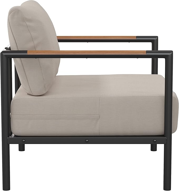 Flash Furniture Lea Indoor/Outdoor Patio Chair with Cushions - Modern Aluminum Framed Chair with Teak Accented Arms, Black with Beige Cushions