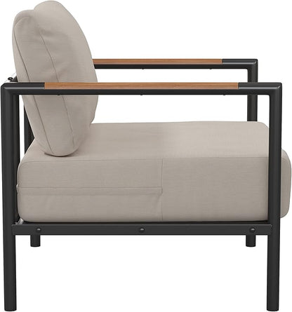 Flash Furniture Lea Indoor/Outdoor Patio Chair with Cushions - Modern Aluminum Framed Chair with Teak Accented Arms, Black with Beige Cushions